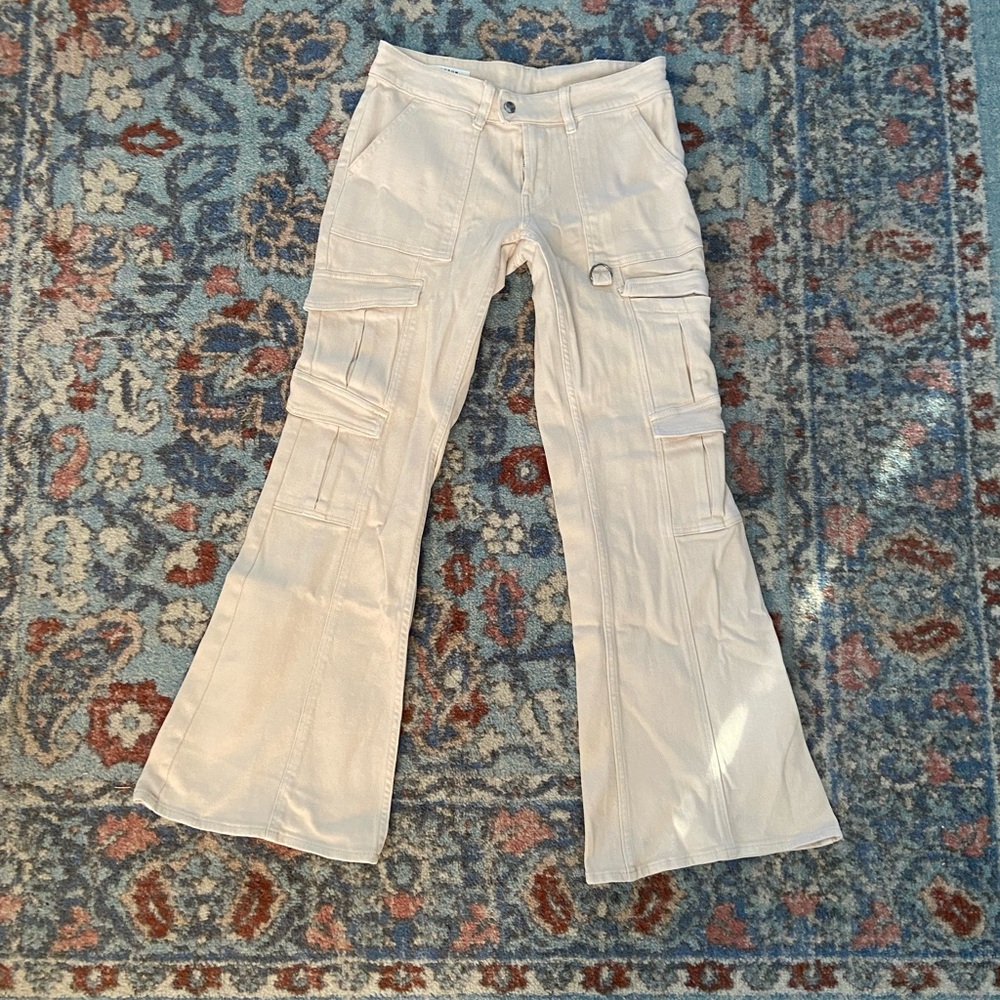 PacSun tan/cream colored low rise cargo flare jeans